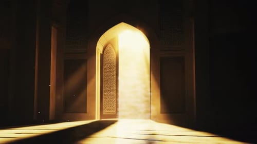 Fondo islámico del Ramadán, luz radiante que emana de un arco islámico