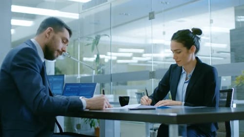 In the Office Businesswoman and Businessman Have Conversation Draw up a Contract, Sign Documents, S