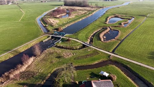 Vista aérea de drone de uma ciclovia reta paralela ao canal holandês cortando um pôlder verde exuberante