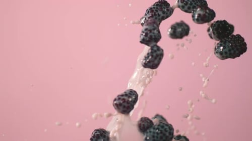Des mûres mélangées avec du lait et un fond rose