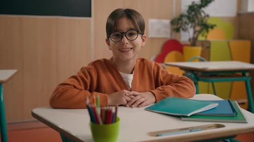 Happy Private School Boy Primary Elementary Learn Schoolboy Caucasian Son Kid Child Pupil Learner in