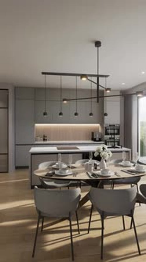 Kitchen-dining room, room in a modern minimalist style. Open space. 3D rendering. Vertical format