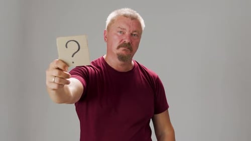 Question Mark Adult Man with Mustache Holding Cardboard Box