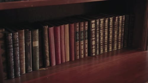 Row of vintage books on a wooden bookshelf