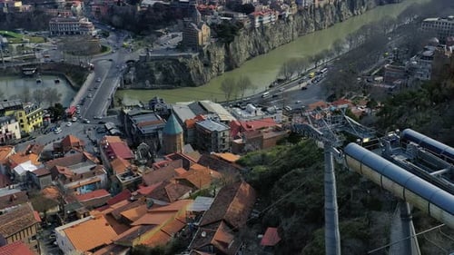 Cableway on the hill with amazing view on Tbilisi, aerial footage in 4k