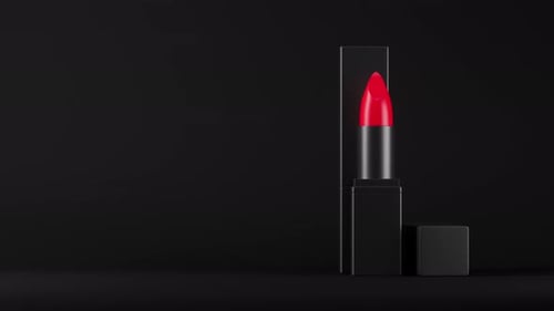 Rotierender glänzender roter Lippenstift in schwarzer Röhre, stehend auf dunklem Hintergrund, Mode, Kosmetik, Make-up