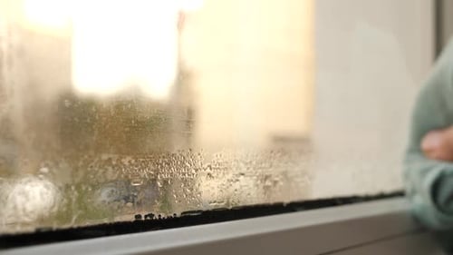 K38. Man wipes drops of water condensate on the window glass. The problem of humidity.