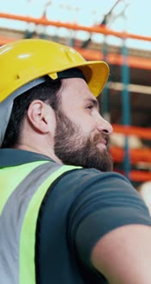 Thinking, distribution and man in warehouse, smile and reflection for export schedule