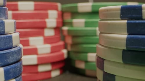 Pokers Chips and Dice Cube on Green Table Closeup Macro Poker Gamble Game and Risky Bets at the