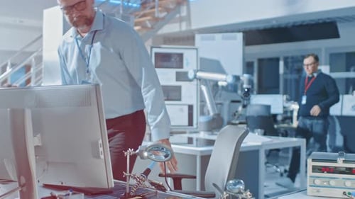 Electronics Design Engineer Takes His Place Starts Working with Circuit Boards, Doing Maintenance,