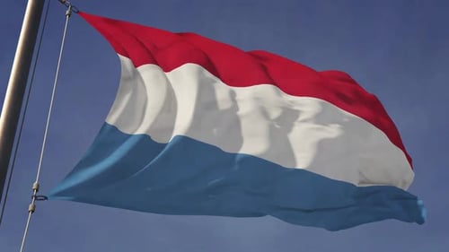 Realistic Waving Flag With Red White Blue Stripes Against Blue Sky