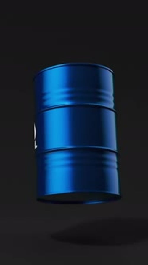 Single Blue Metal Oil Barrel Rotating on a Black Background for Petroleum Industry Concept Vertical
