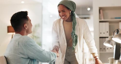 Success handshake, congratulations and business people in office for promotion