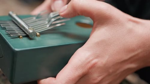 Extreme Close Up of Hands Playing Green Thumb Piano in Forest
