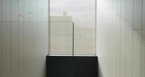 Window with Sun Blinds and Wall Decorated with White Wooden Panels