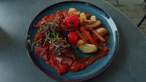 Delicious Plated Food with Red Sauce and Vegetables
