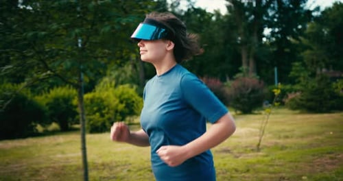 Woman Jogging in a Park with Futuristic Visor