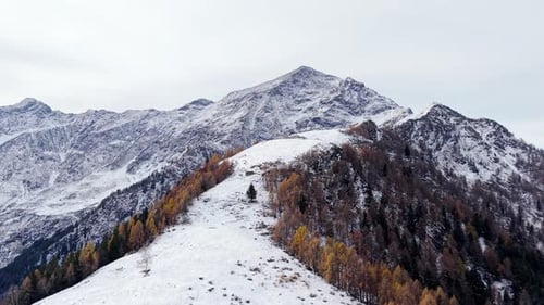 Snow-covered mountain ridge in the Italian Alps with autumn trees and a serene winter landscape