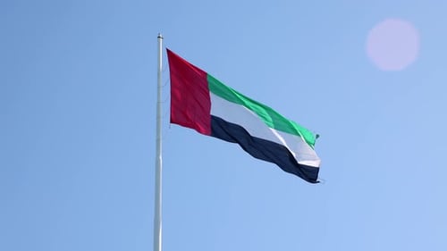 UAE Flag Waving in the Blue Sky National Symbol of UAE