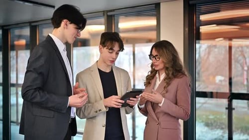 Business meeting in an office, female team leader and two young workers discussing business affairs