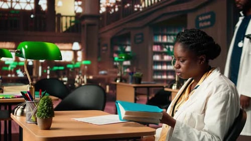 Black Medical Student Reading Healthcare Books at the Campus Library