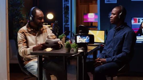 Two Men Recording a Podcast in a Studio