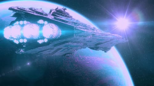 Space station orbits planet in space