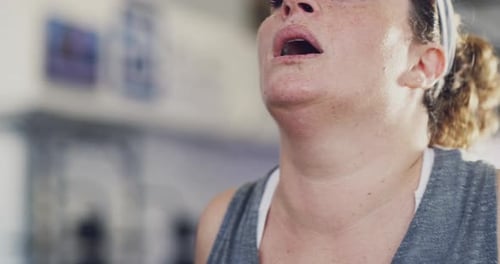 Woman Exercising in Gym, Close Up, Sweaty