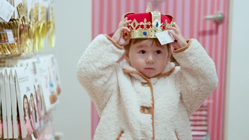 A 3-Year-Old Toddler Girl Trying To Wear The Red And Gold King's Crown Displayed In A Department Sto