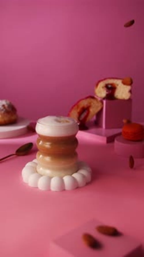 Tasty Coffee and Donut Dessert with Falling Almonds