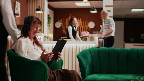 Woman Using Tablet in Hotel Lobby