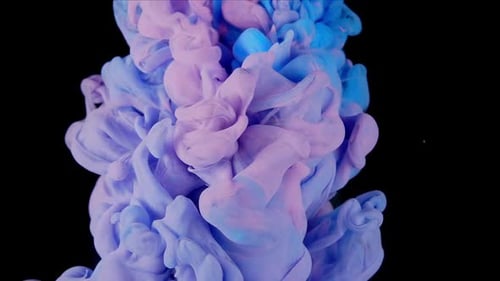 Ethereal Fluidity Blue Pink Colorful Ink Paint Drops Blending and Spreading on Black Background