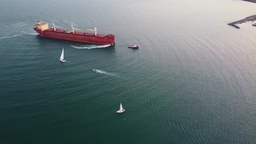 Bulk Carrier Cargo Ship Enters the Port for Unloading in the Evening