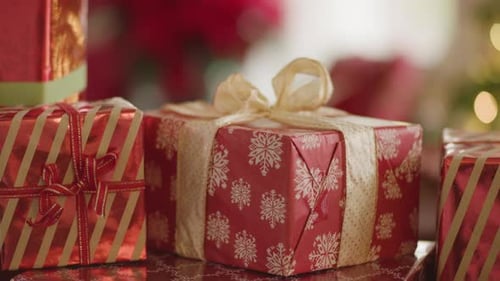 Christmas Presents with Snowflake Wrapping and Bows