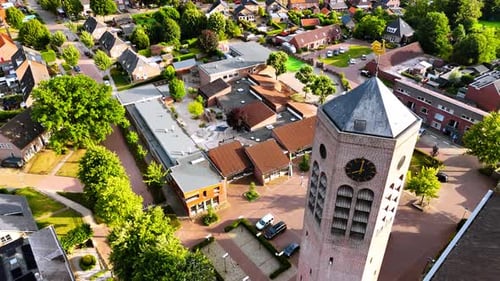 Flight around the hexagon clock tower freestanding near the Saint Lawrence Church.
