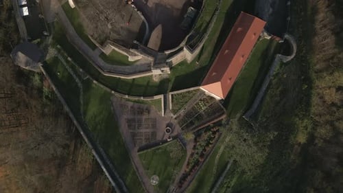 Aerial shot of the castle of Svojanov. Top down view of the walls, courtyard, gardens and castle tow