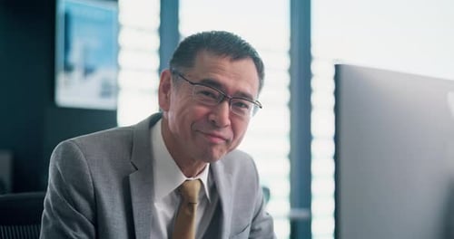 Businessman, face and consultant with computer, technology service company or agency