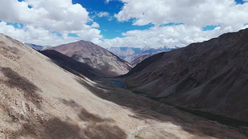Remote High Mountain Valley with Curved River Seen From Drone