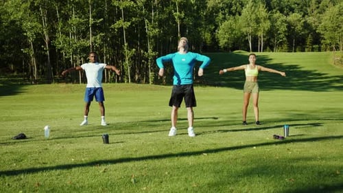 Motivated Fitness Three Diverse People Traning Outdoors Together Multiethnic Men and Woman