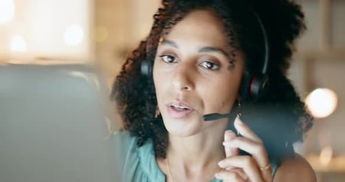 Face, communication or happy woman in call center or telecom or telemarketing company help desk