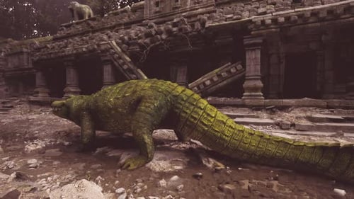 Un crocodile explore d'anciennes ruines dans une jungle dense