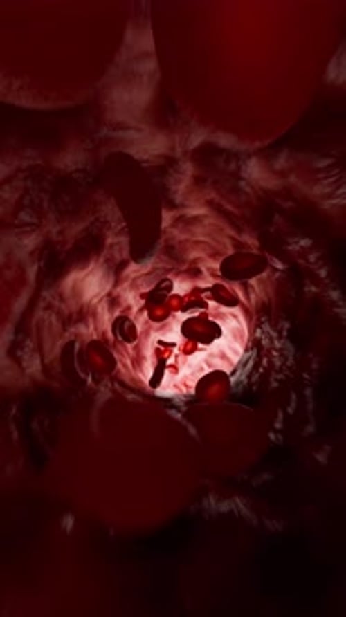Red Blood Cells Vertical Moving Through Artery Interior Medical Visualization. 3D rendering