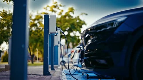 Electric cars recharging at the charging station. ev charging station. 4K