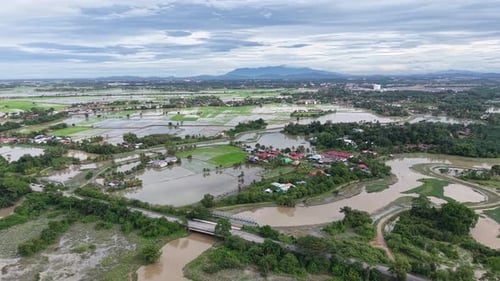 Aerial Labuh Banting Green Rice Fields Flooded Village Landscape