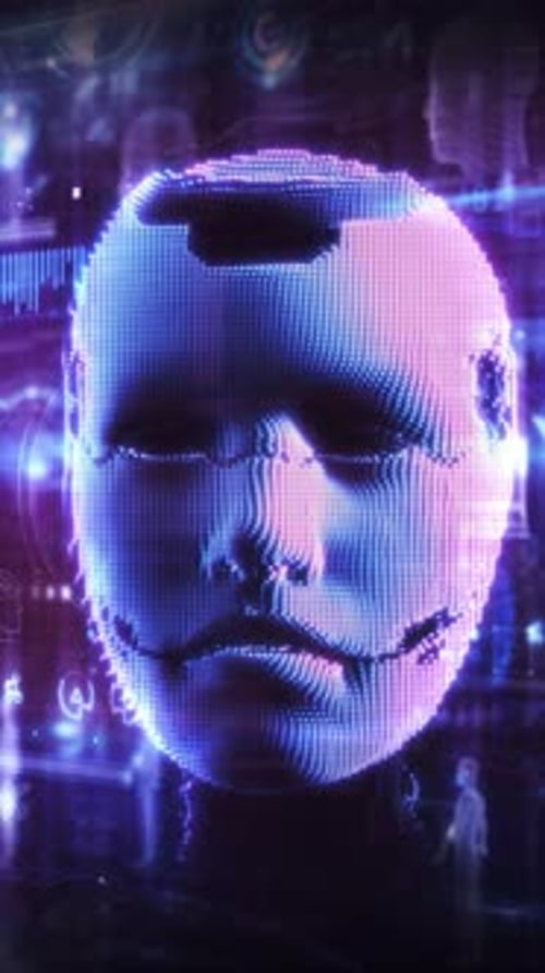 Futuristic Digital Human Head with Neon AI Interface