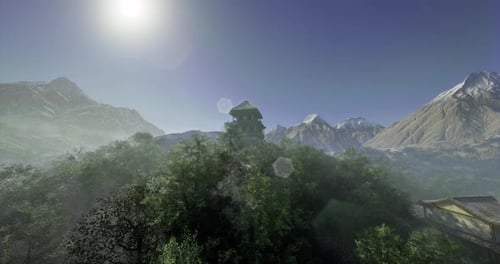 Majestic Mountain Landscape Featuring a Serene Tower Among Lush Greenery