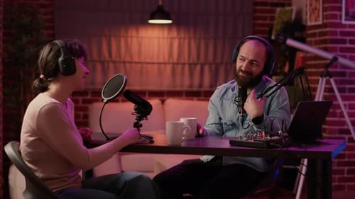 Podcast Recording with Colorful Lights