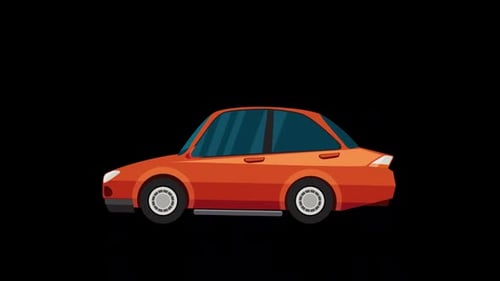 Cartoon Red Car Driving In The City Alpha Channel