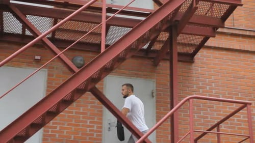 Hurry Young Businessman Running Up on Stair Going to Office Manager Hastily Climbing Up Staircase of
