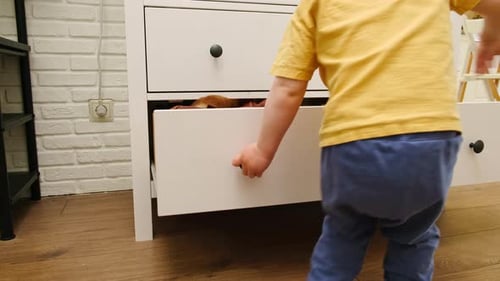 Child Opens Dresser Drawer at Home